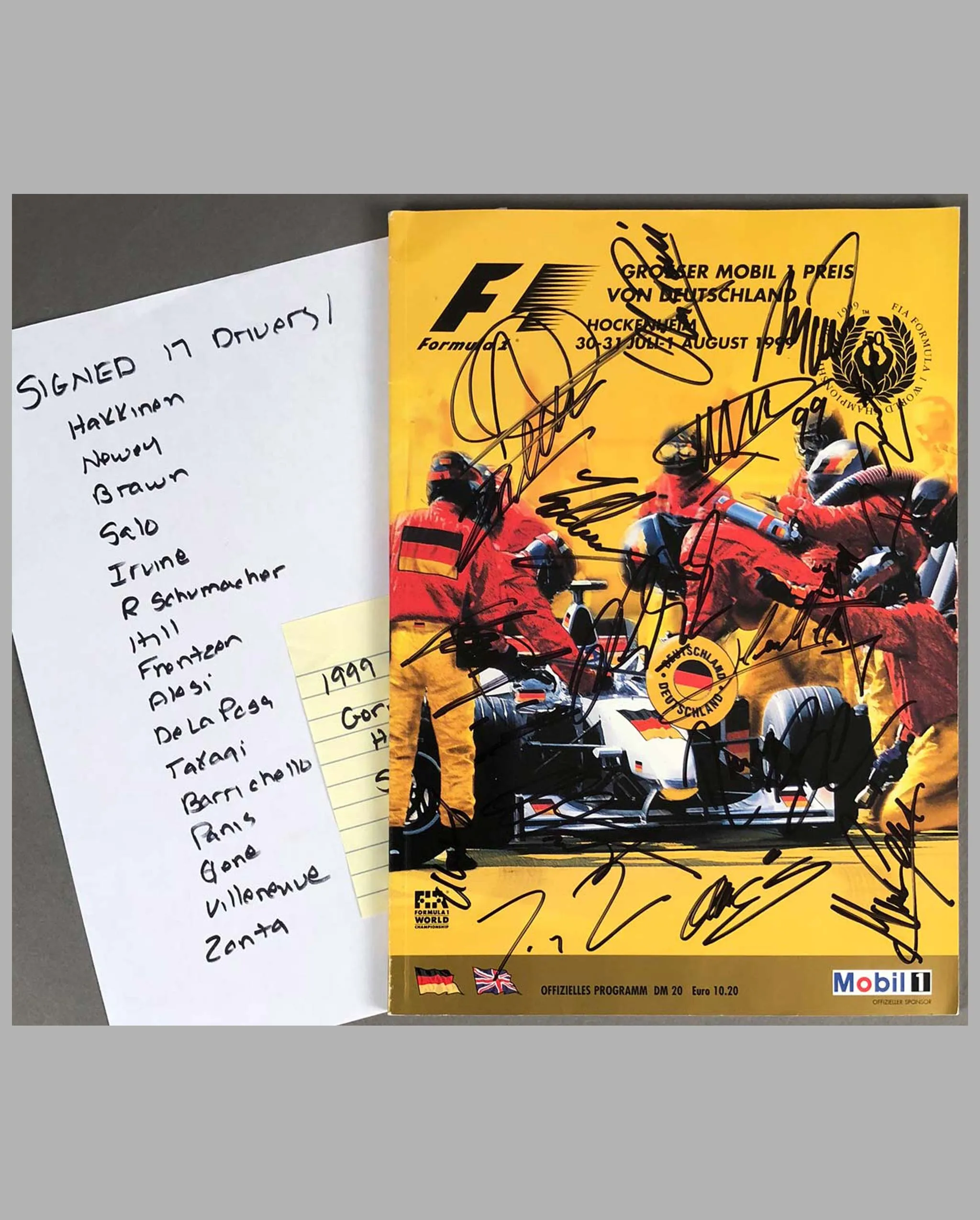 1999 Grand Prix of Germany official program, Autographed by 14 drivers