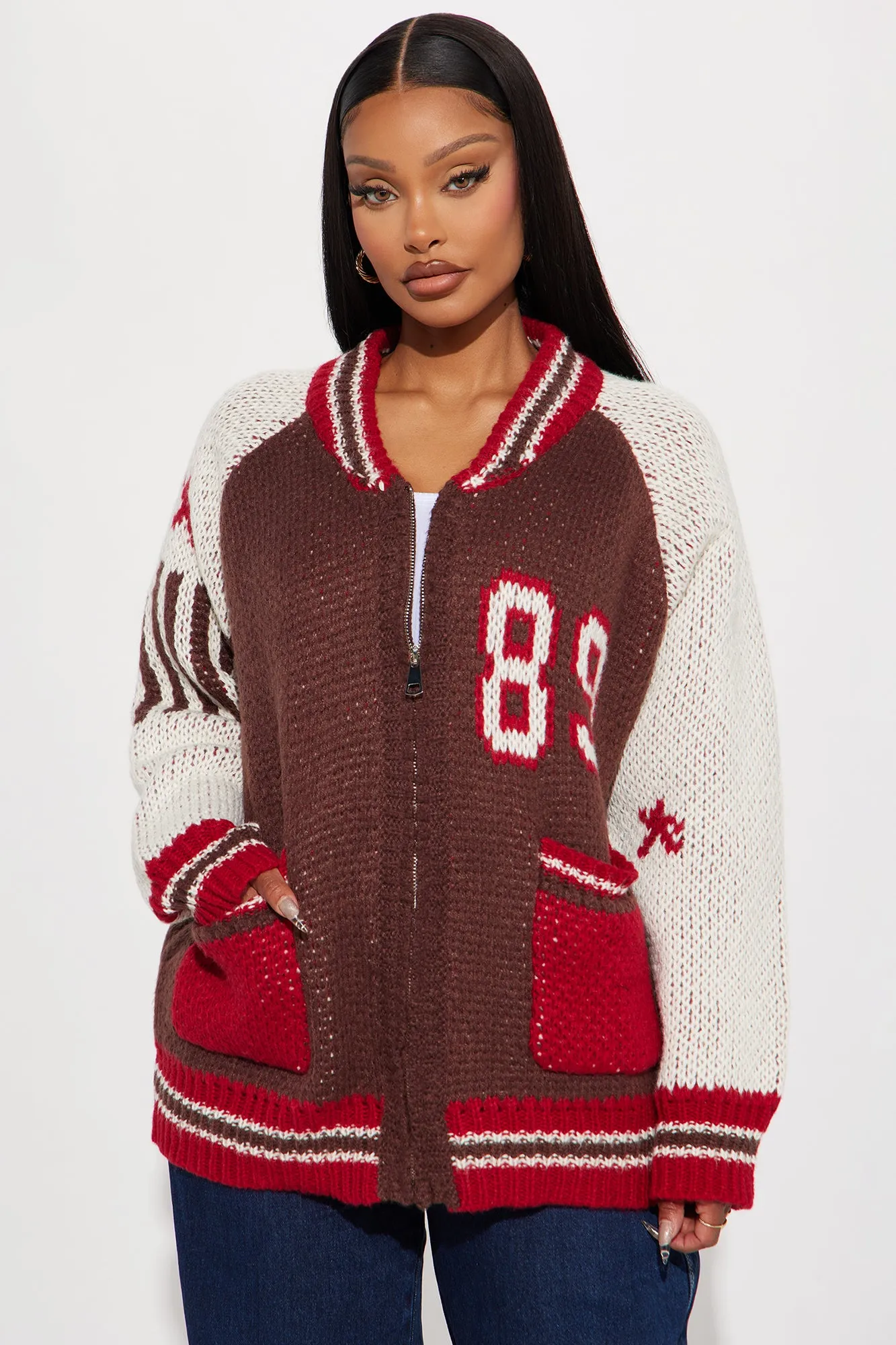 89 Forever Varsity Front Zip Sweater - Brown/combo