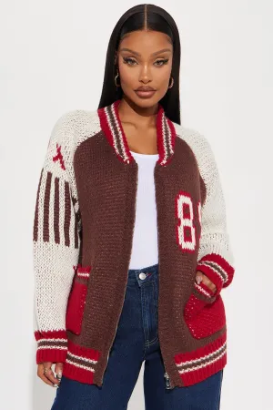 89 Forever Varsity Front Zip Sweater - Brown/combo