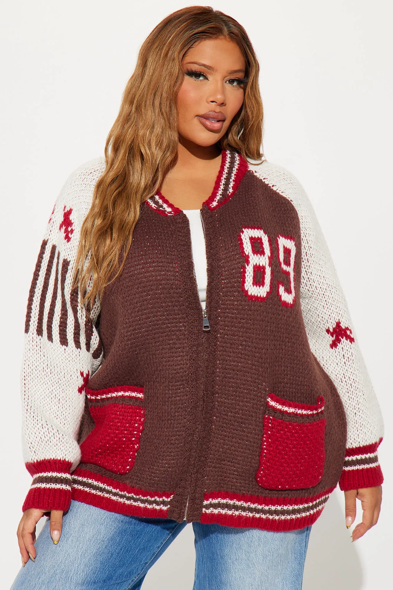 89 Forever Varsity Front Zip Sweater - Brown/combo