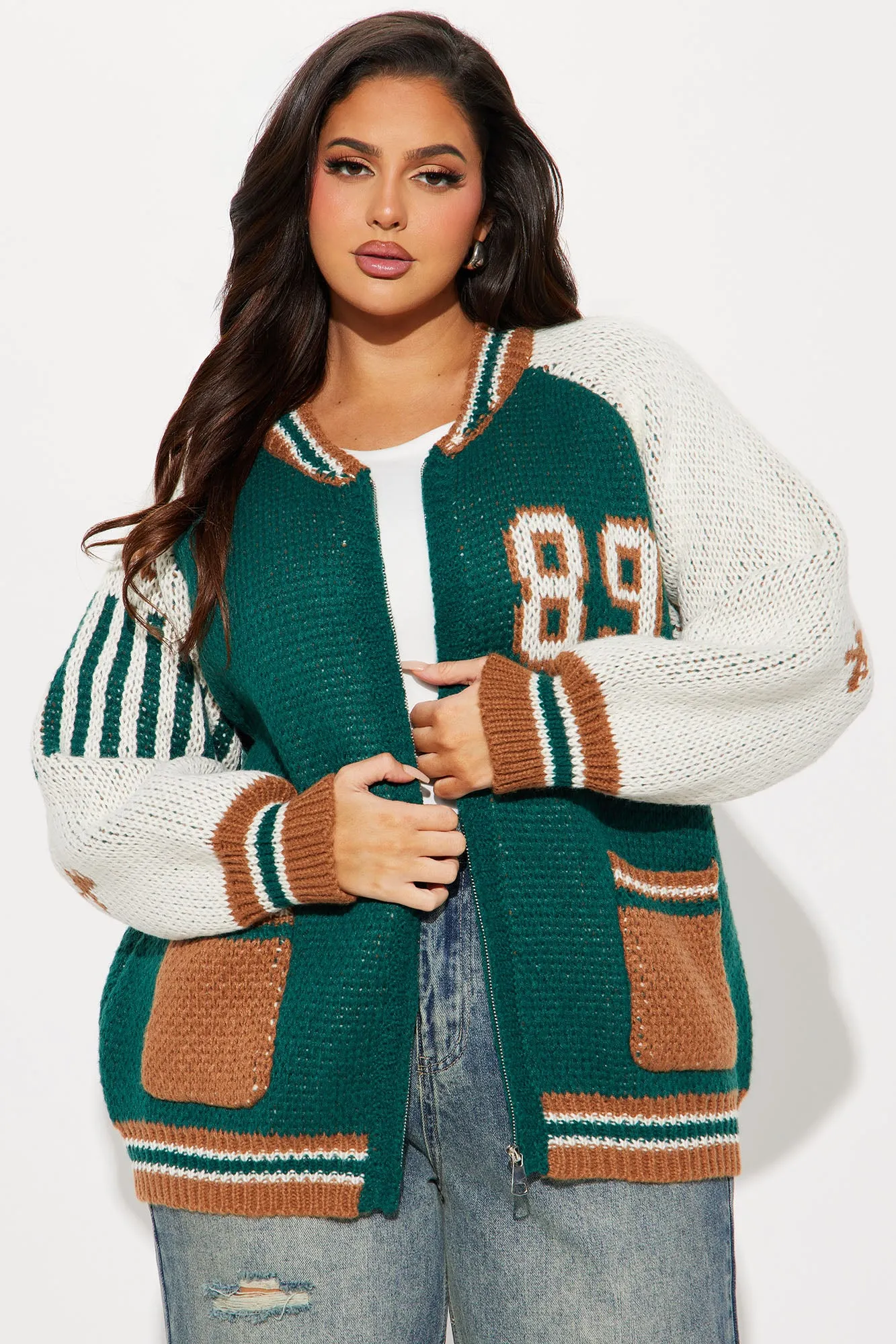 89 Forever Varsity Front Zip Sweater - Hunter