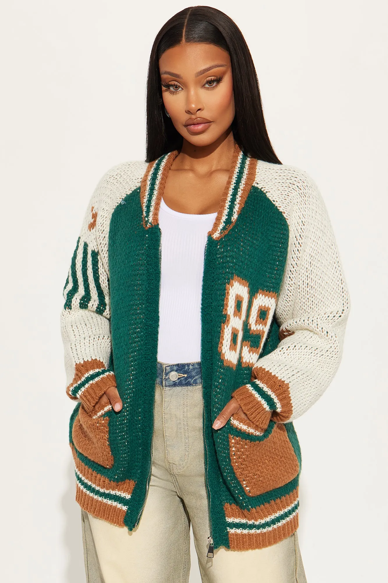 89 Forever Varsity Front Zip Sweater - Hunter