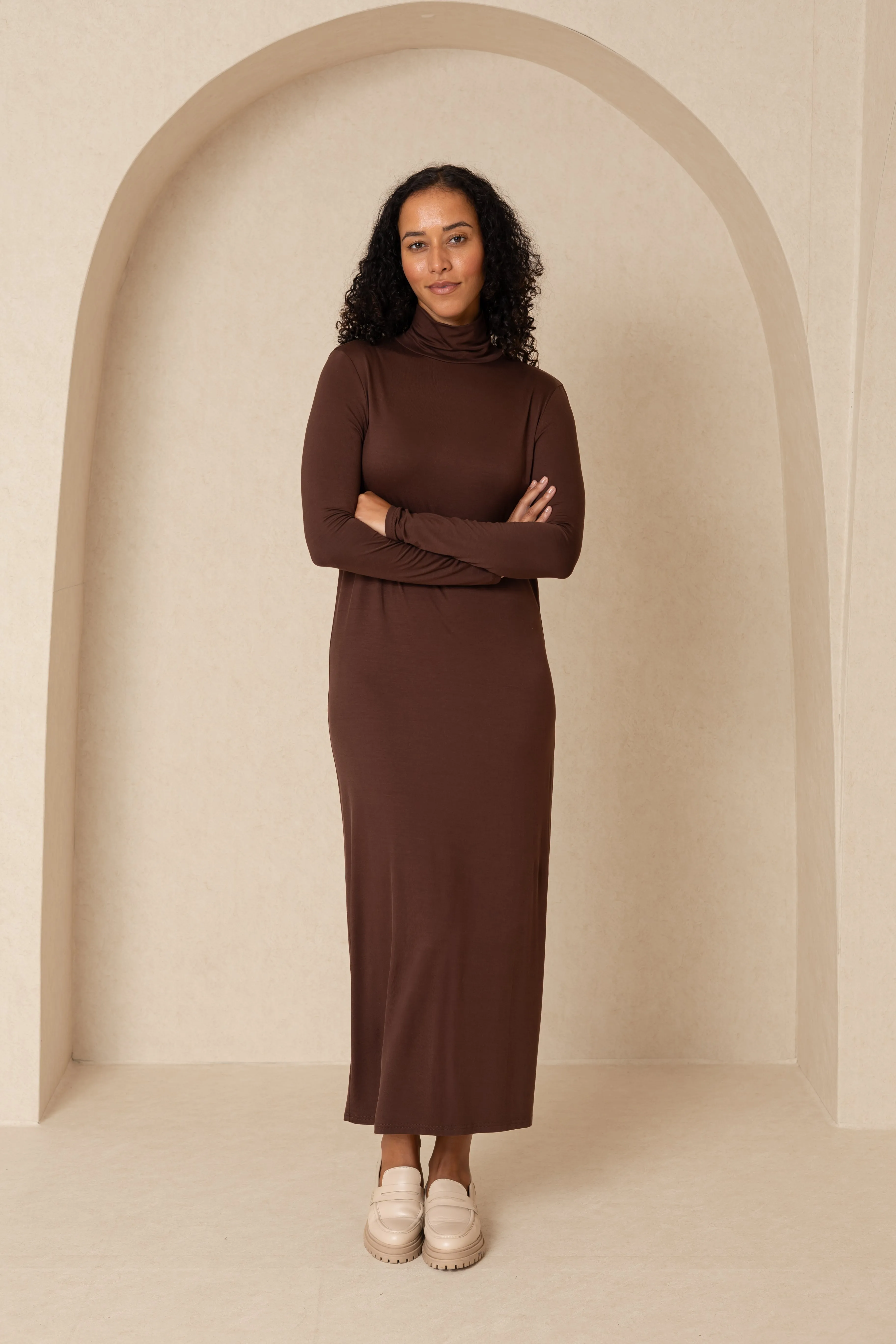 Brown Turtleneck Maxi Dress