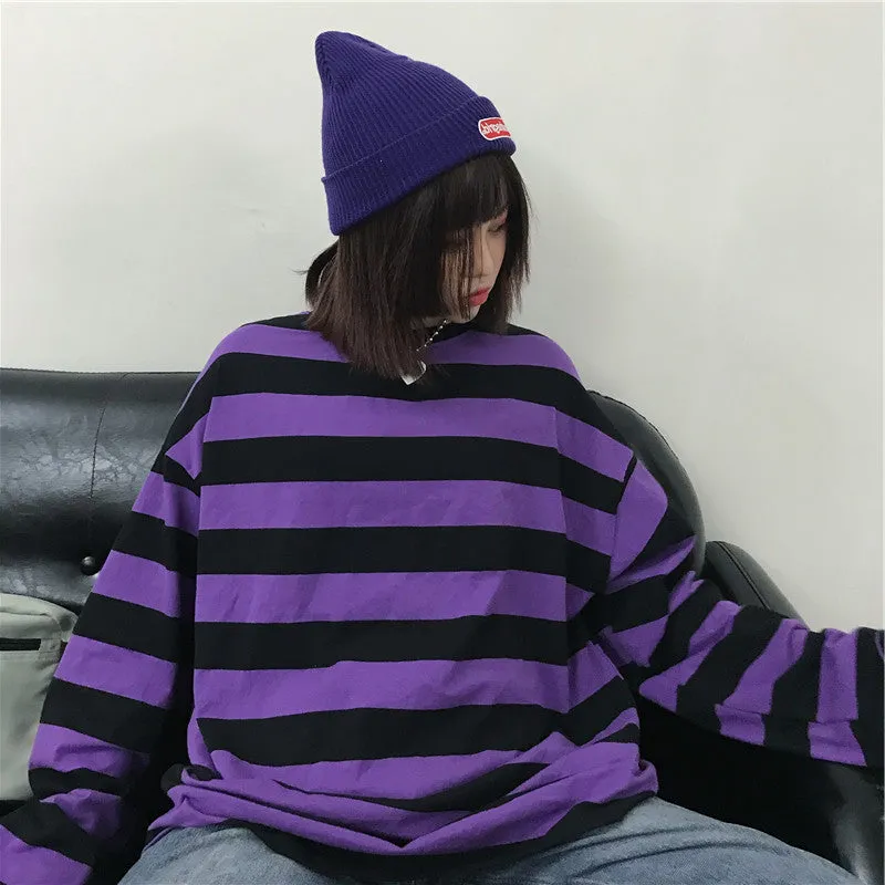 CHIC PURPLE STRIPE LONG-SLEEVE T-SHIRT BY22473