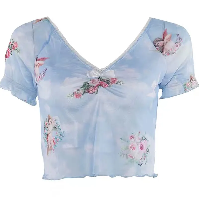 CUTE ANGEL PRINT MESH V-COLLAR T-SHIRT BY22258