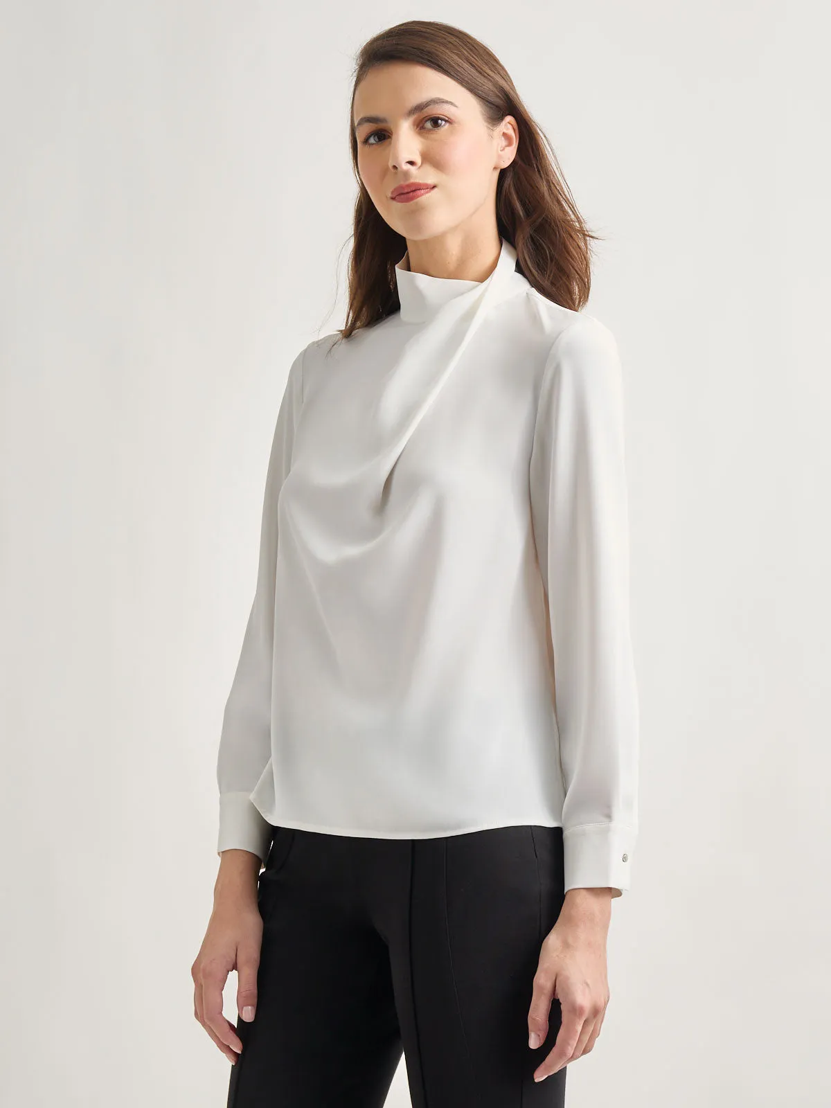 Draped Crepe de Chine Mock Neck Blouse