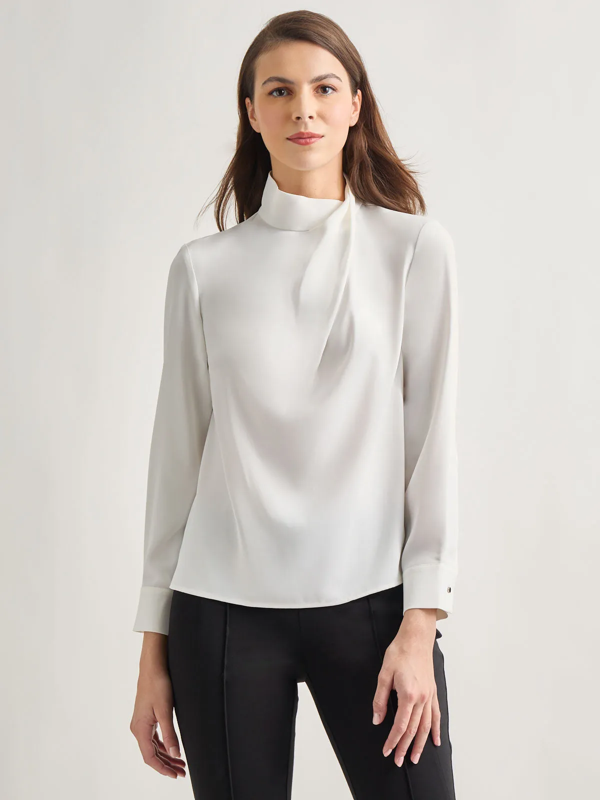 Draped Crepe de Chine Mock Neck Blouse