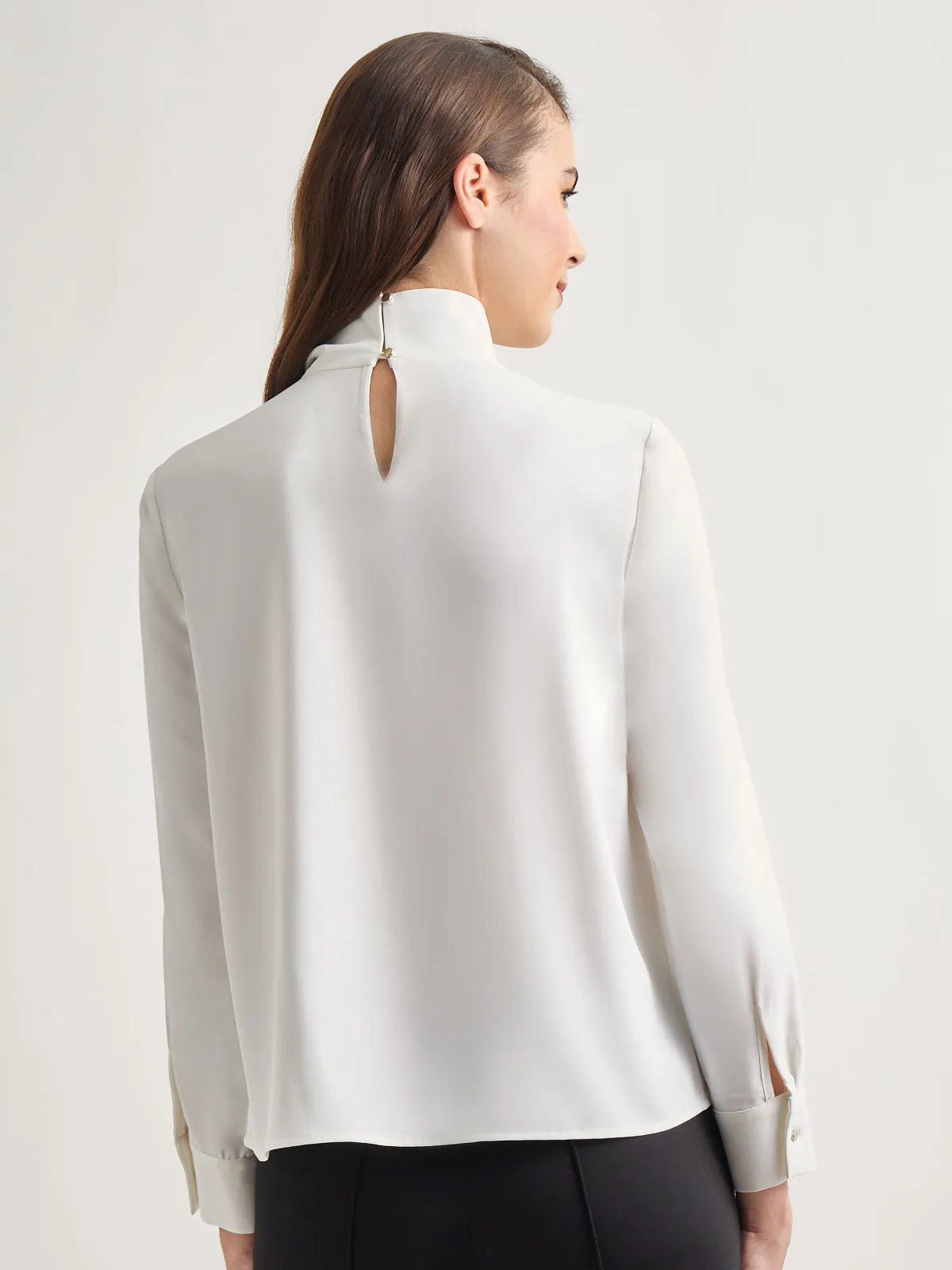 Draped Crepe de Chine Mock Neck Blouse