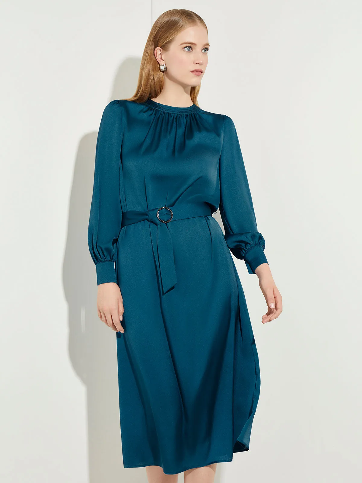 Gathered Neck Belted Crepe de Chine Dress