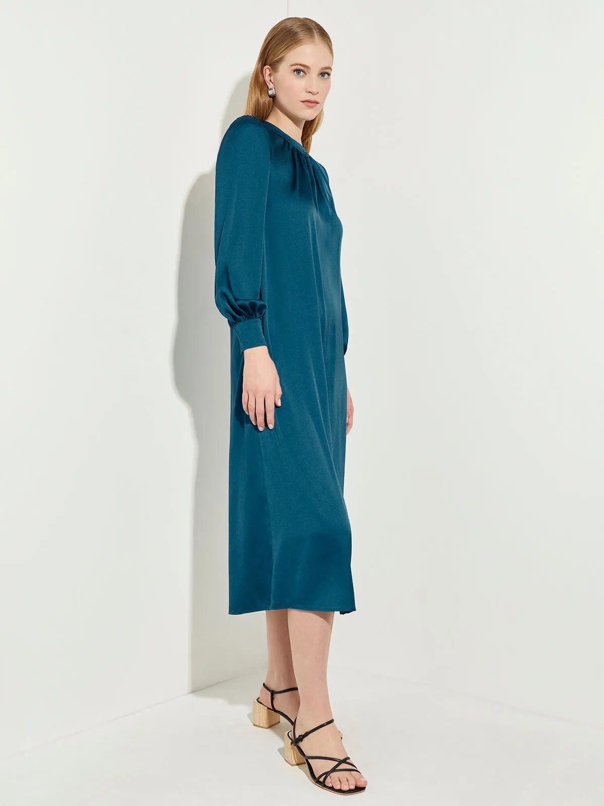 Gathered Neck Belted Crepe de Chine Dress