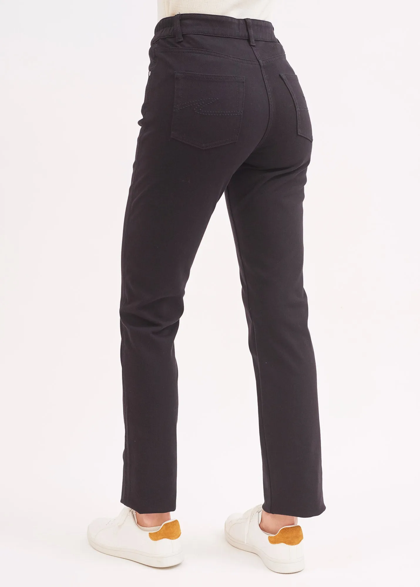 Pantalon droit Patricia - taille élastiquée en coton stretch (NOIR)