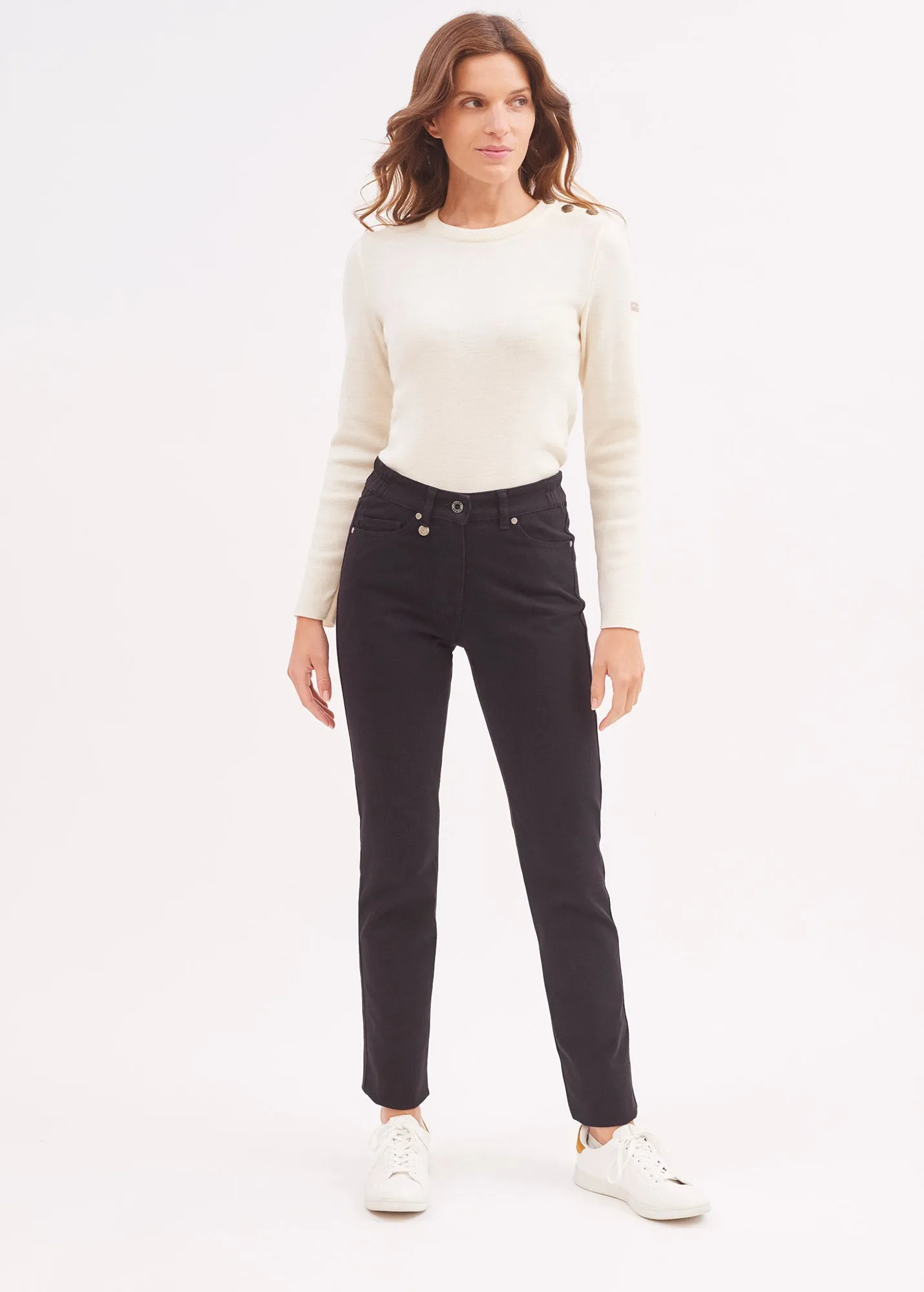 Pantalon droit Patricia - taille élastiquée en coton stretch (NOIR)