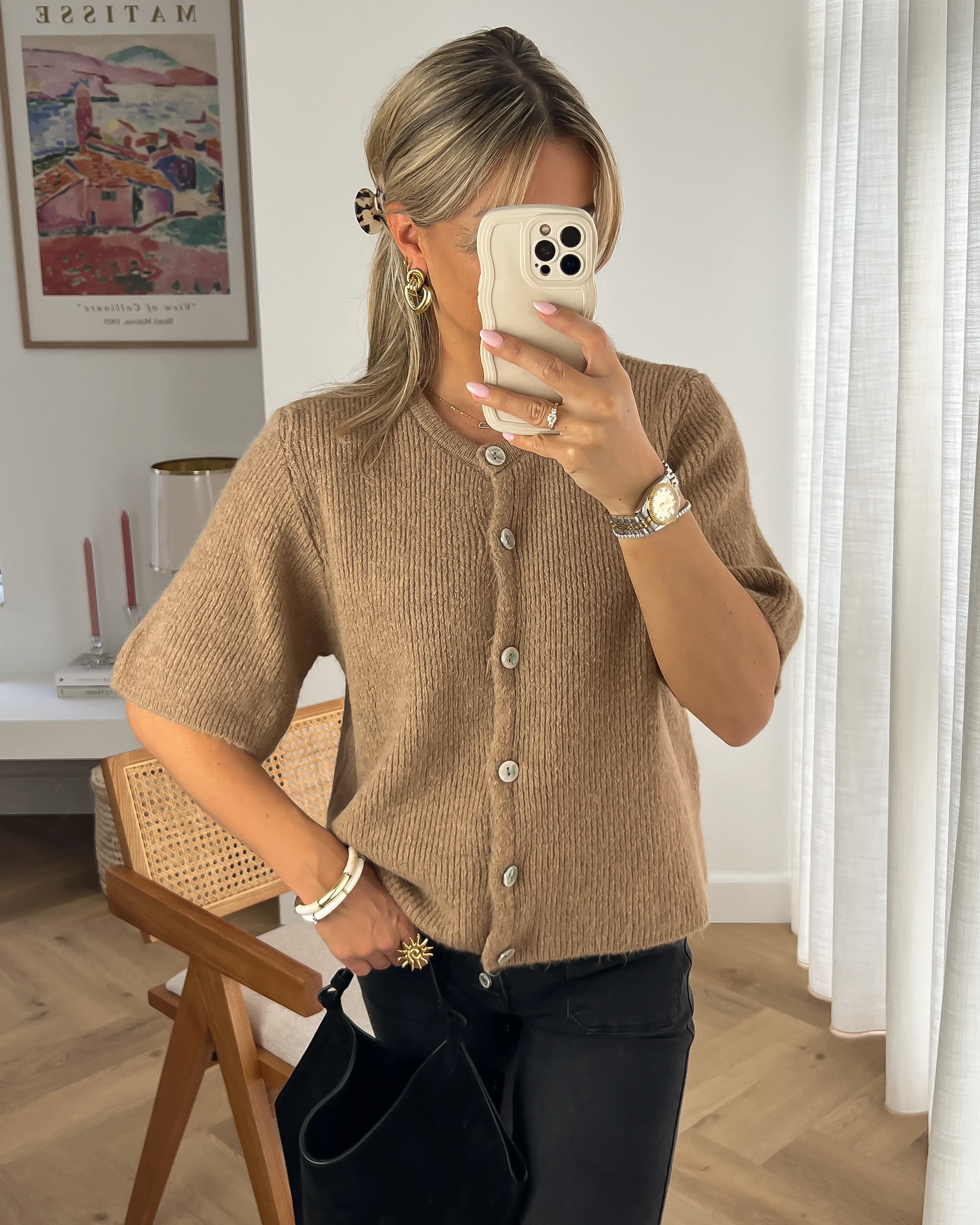 SALLY - Short Sleeve Cardigan in Camel