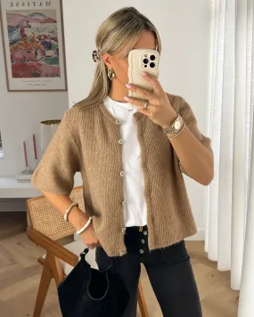 SALLY - Short Sleeve Cardigan in Camel